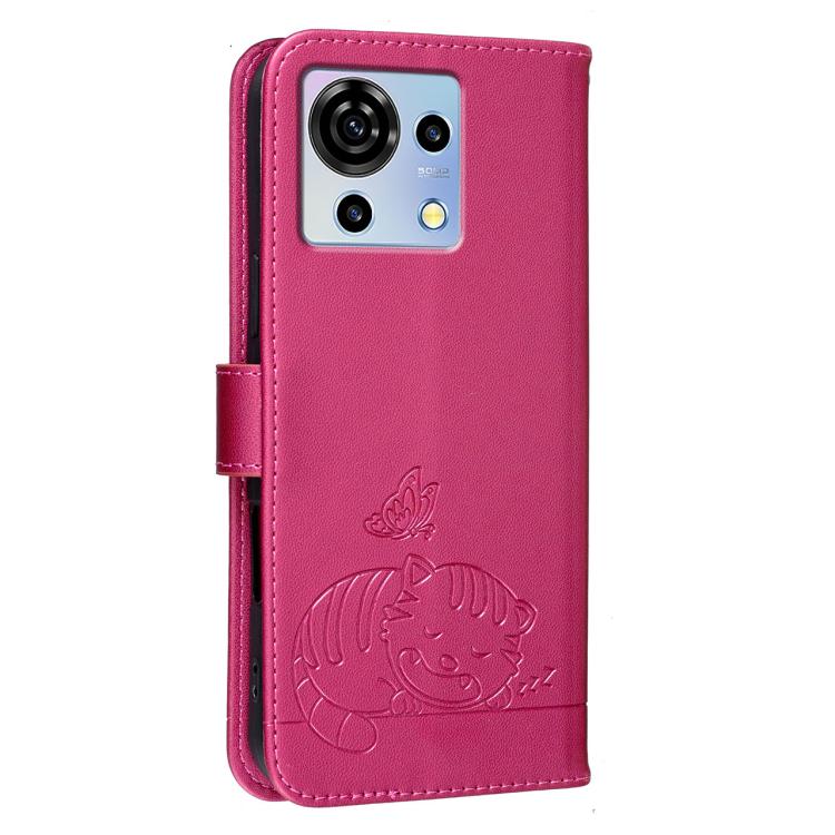 For ZTE Blade V50 vita Cat Butterfly Embossed RFID Vegan Leather Phone Case with Strap