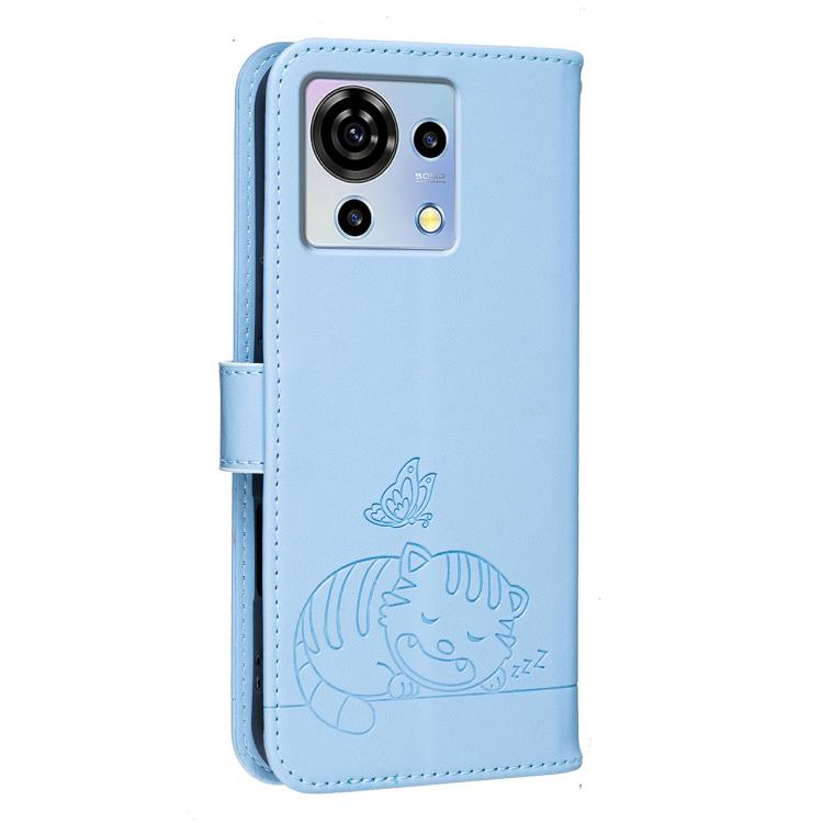 For ZTE Blade V50 vita Cat Butterfly Embossed RFID Vegan Leather Phone Case with Strap