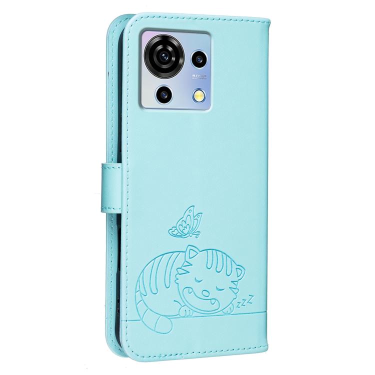 For ZTE Blade V50 vita Cat Butterfly Embossed RFID Vegan Leather Phone Case with Strap
