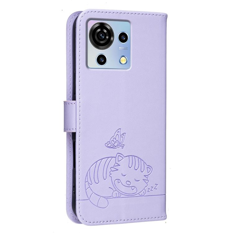 For ZTE Blade V50 vita Cat Butterfly Embossed RFID Vegan Leather Phone Case with Strap