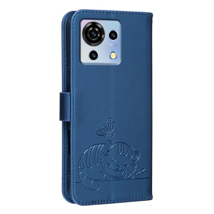 For ZTE Blade V50 vita Cat Butterfly Embossed RFID Vegan Leather Phone Case with Strap