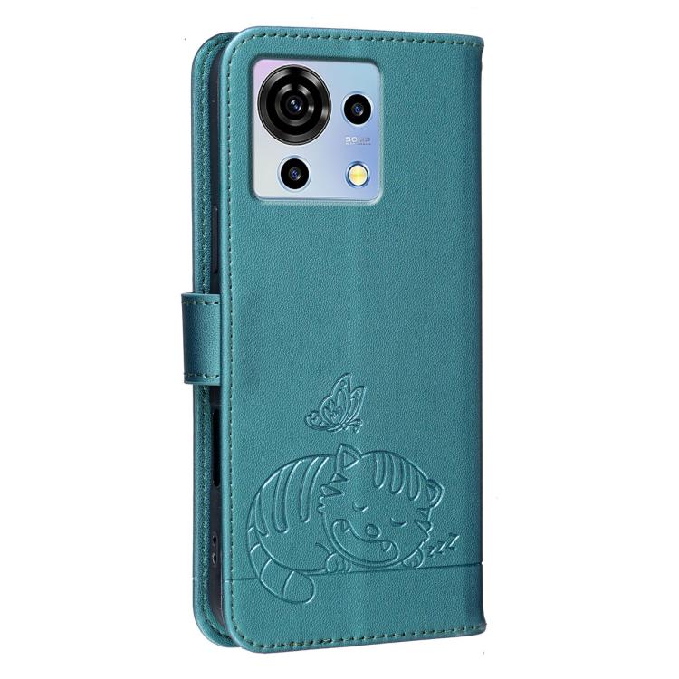For ZTE Blade V50 vita Cat Butterfly Embossed RFID Vegan Leather Phone Case with Strap