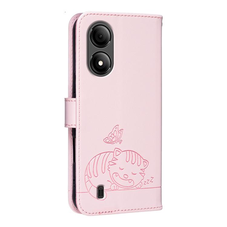 For ZTE Blade A33s Cat Butterfly Embossed RFID Vegan Leather Phone Case with Strap
