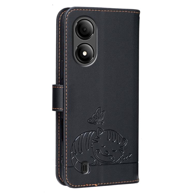 For ZTE Blade A33s Cat Butterfly Embossed RFID Vegan Leather Phone Case with Strap
