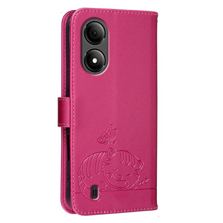 For ZTE Blade A33s Cat Butterfly Embossed RFID Vegan Leather Phone Case with Strap