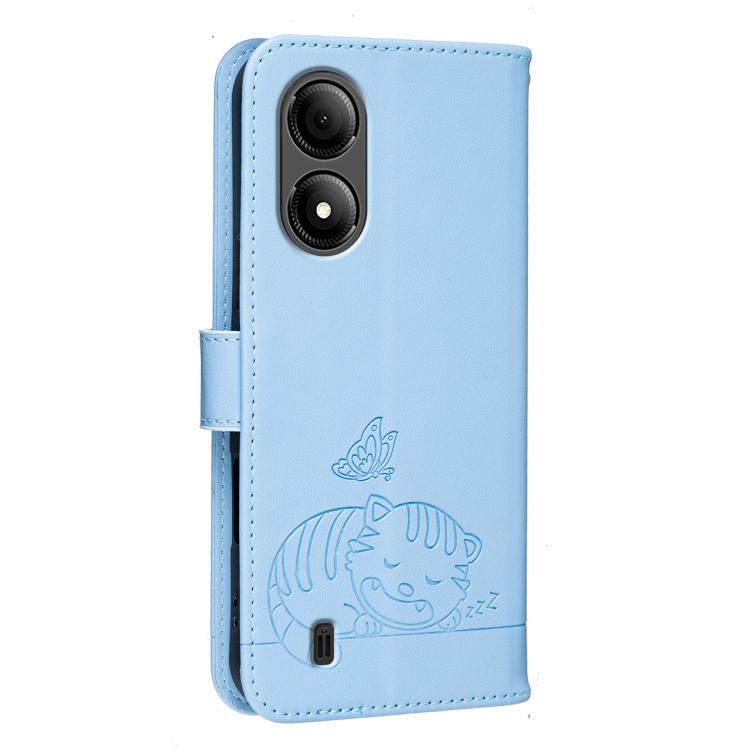 For ZTE Blade A33s Cat Butterfly Embossed RFID Vegan Leather Phone Case with Strap