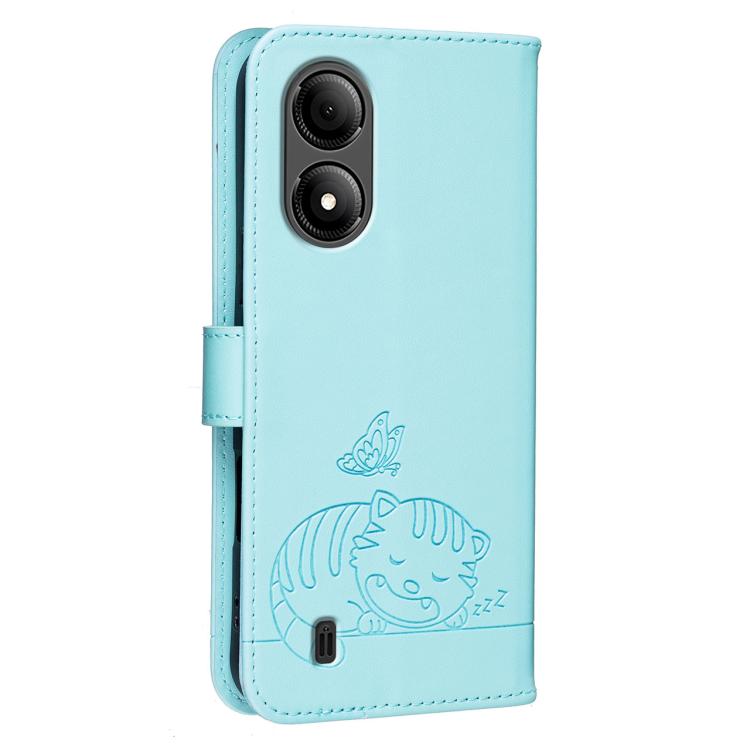 For ZTE Blade A33s Cat Butterfly Embossed RFID Vegan Leather Phone Case with Strap