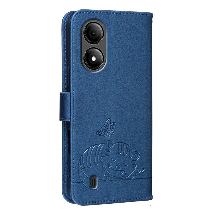 For ZTE Blade A33s Cat Butterfly Embossed RFID Vegan Leather Phone Case with Strap