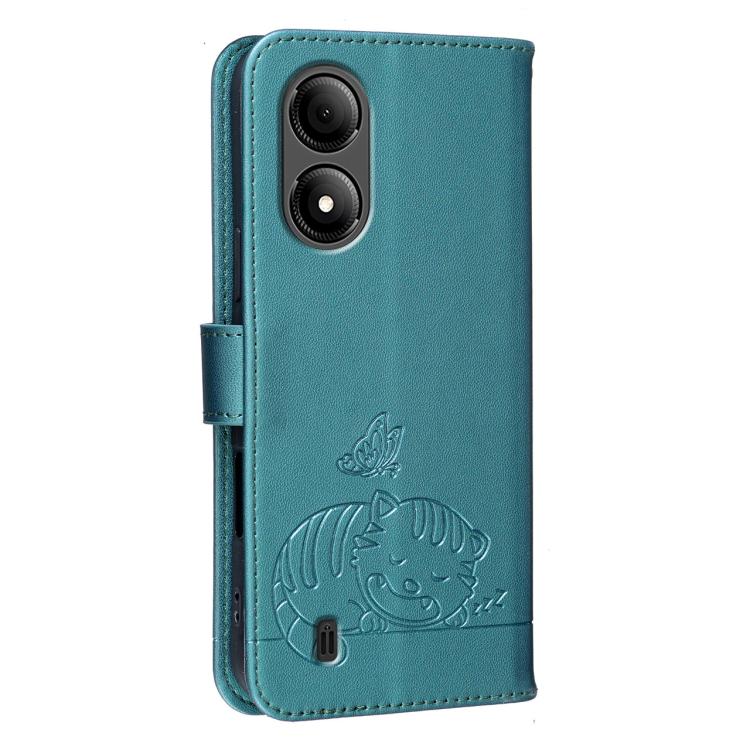 For ZTE Blade A33s Cat Butterfly Embossed RFID Vegan Leather Phone Case with Strap