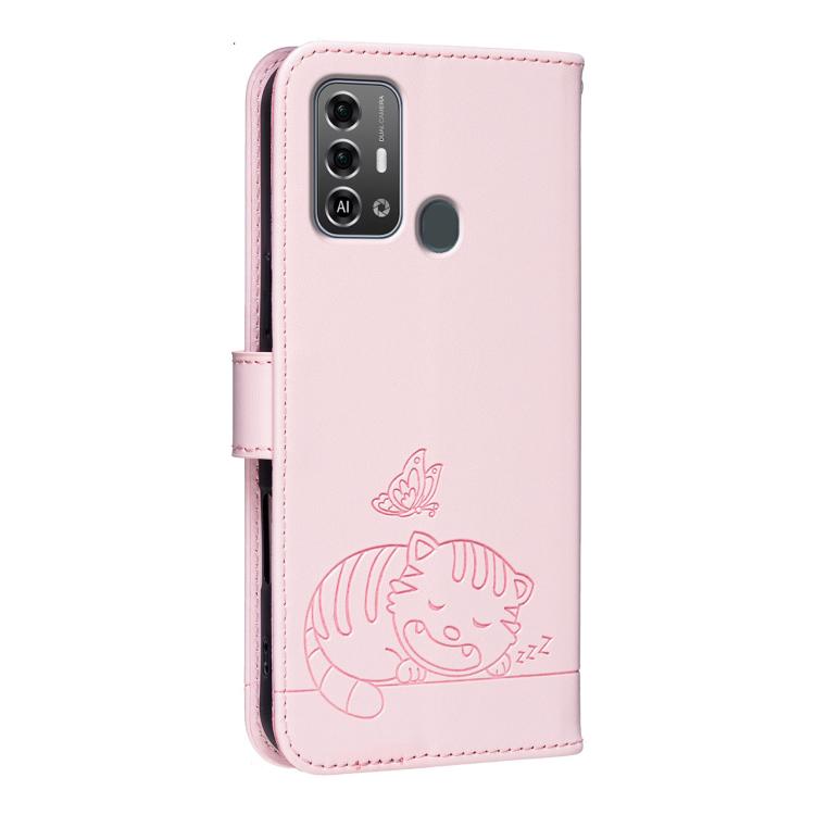 For ZTE Blade A53 Pro Cat Butterfly Embossed RFID Vegan Leather Phone Case with Strap