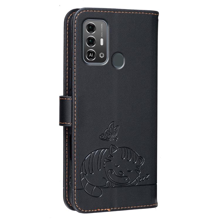 For ZTE Blade A53 Pro Cat Butterfly Embossed RFID Vegan Leather Phone Case with Strap