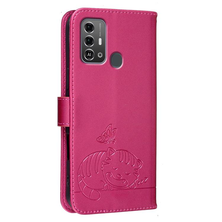 For ZTE Blade A53 Pro Cat Butterfly Embossed RFID Vegan Leather Phone Case with Strap