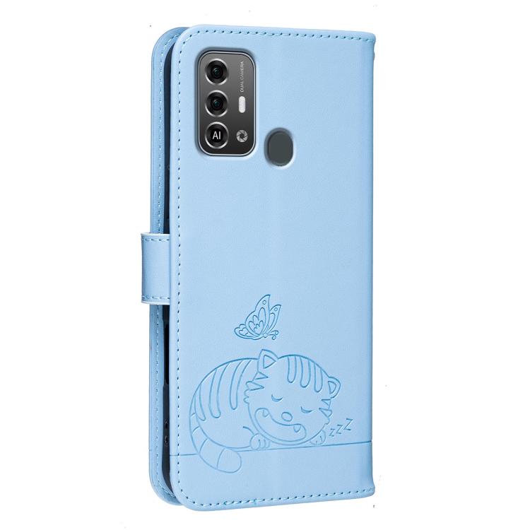 For ZTE Blade A53 Pro Cat Butterfly Embossed RFID Vegan Leather Phone Case with Strap