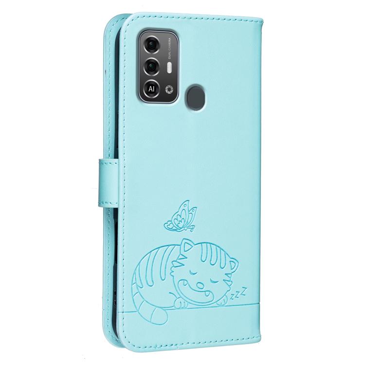 For ZTE Blade A53 Pro Cat Butterfly Embossed RFID Vegan Leather Phone Case with Strap