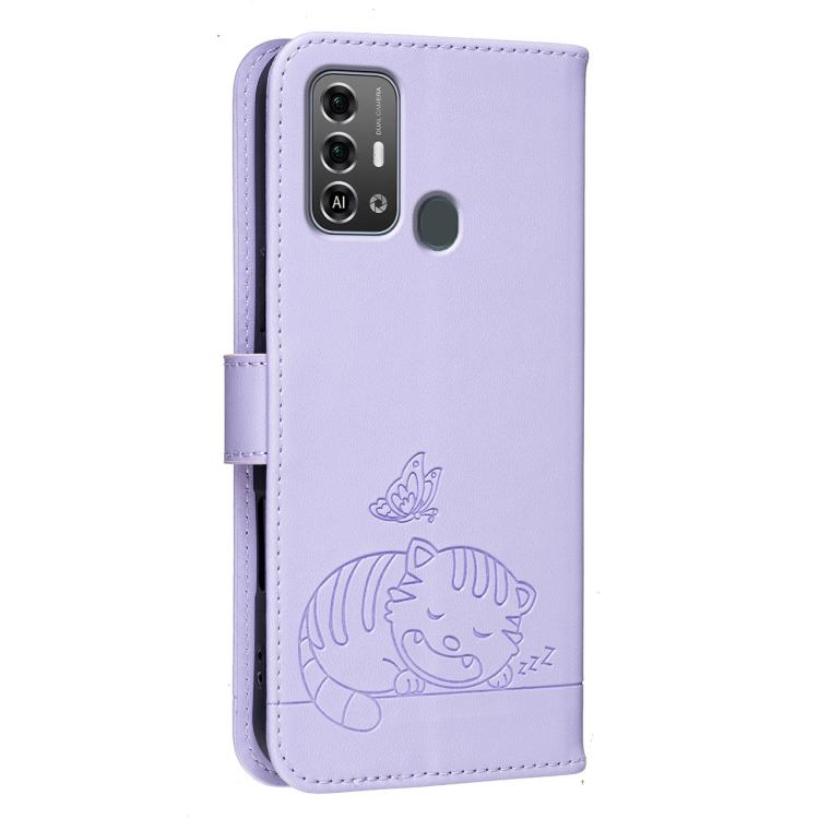 For ZTE Blade A53 Pro Cat Butterfly Embossed RFID Vegan Leather Phone Case with Strap