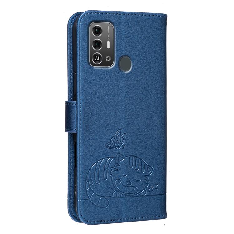 For ZTE Blade A53 Pro Cat Butterfly Embossed RFID Vegan Leather Phone Case with Strap