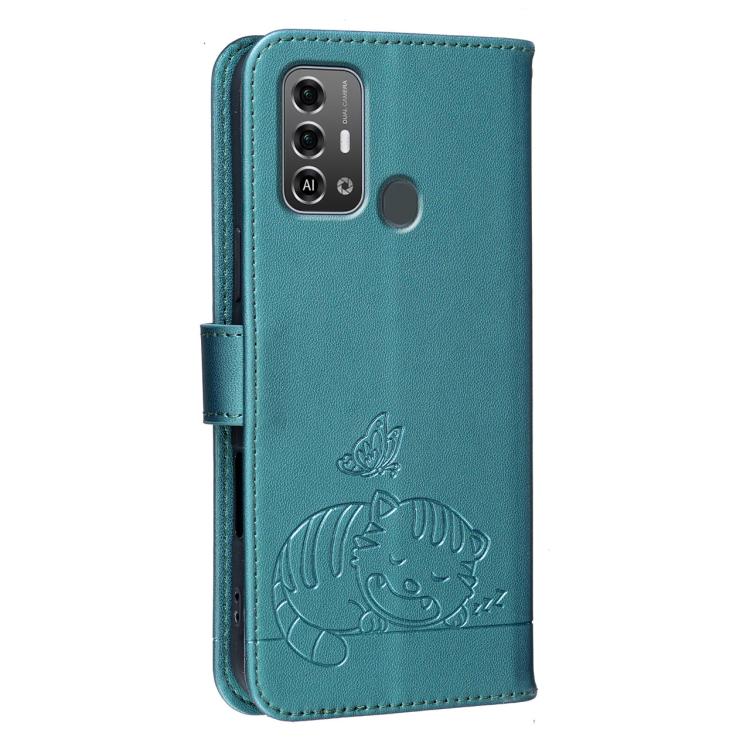 For ZTE Blade A53 Pro Cat Butterfly Embossed RFID Vegan Leather Phone Case with Strap