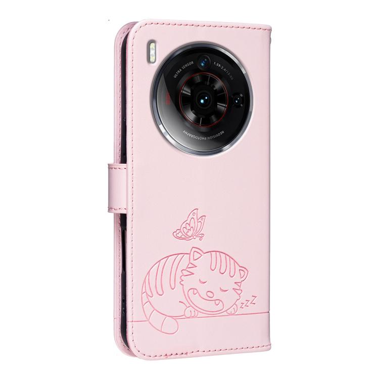 For ZTE nubia Z50S Pro Cat Butterfly Embossed RFID Vegan Leather Phone Case with Strap