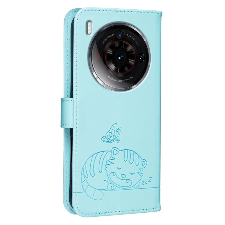 For ZTE nubia Z50S Pro Cat Butterfly Embossed RFID Vegan Leather Phone Case with Strap