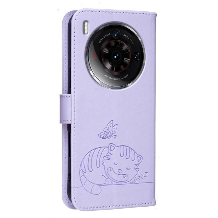For ZTE nubia Z50S Pro Cat Butterfly Embossed RFID Vegan Leather Phone Case with Strap