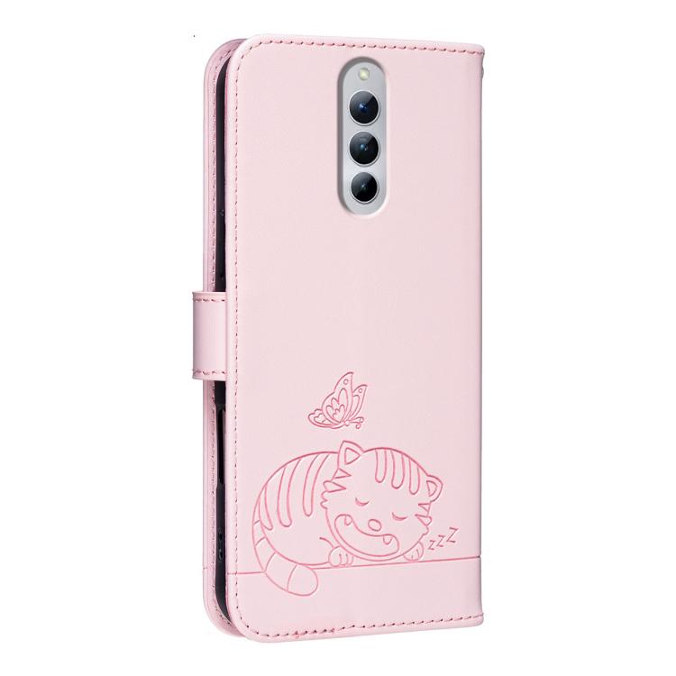 For ZTE Red Magic 8S Pro+ Cat Butterfly Embossed RFID Vegan Leather Phone Case with Strap