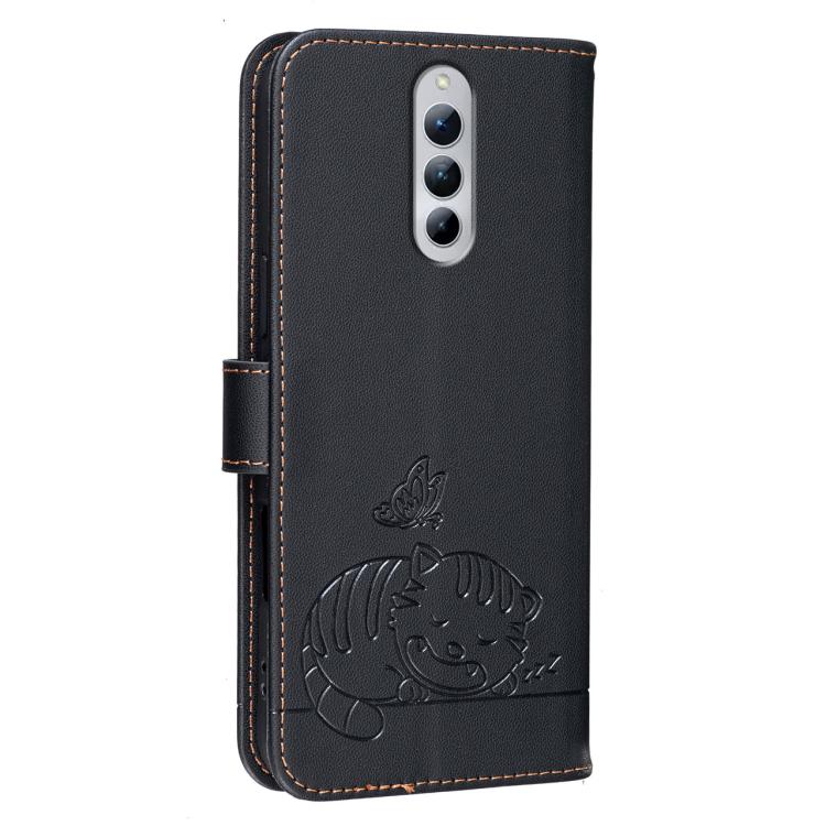 For ZTE Red Magic 8S Pro+ Cat Butterfly Embossed RFID Vegan Leather Phone Case with Strap