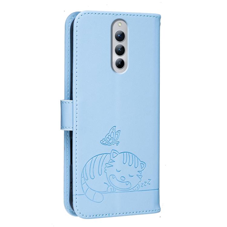 For ZTE Red Magic 8S Pro+ Cat Butterfly Embossed RFID Vegan Leather Phone Case with Strap