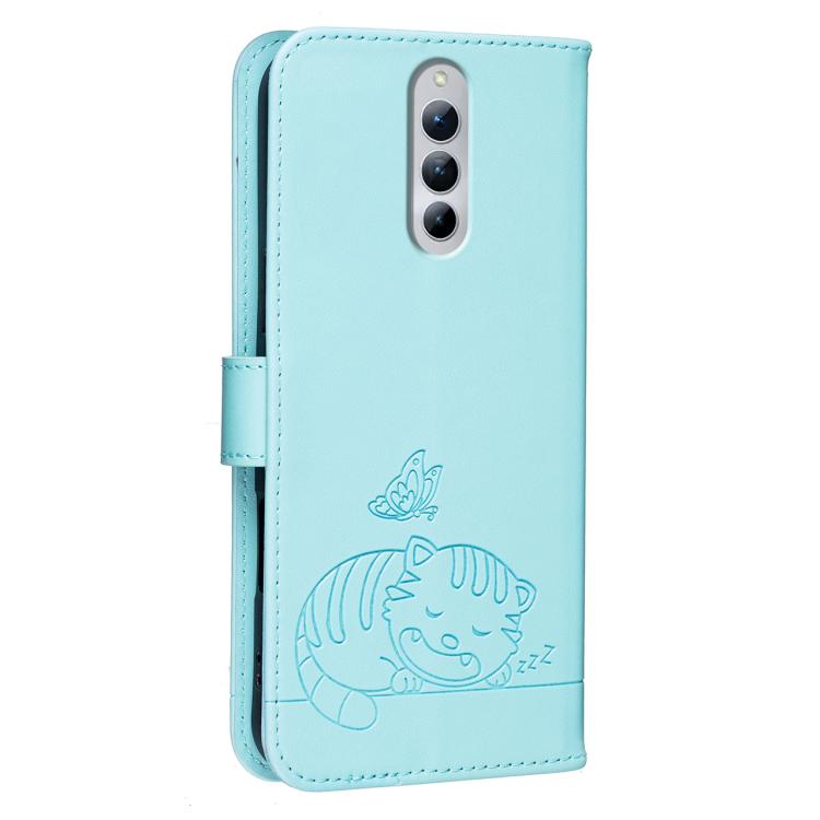 For ZTE Red Magic 8S Pro+ Cat Butterfly Embossed RFID Vegan Leather Phone Case with Strap