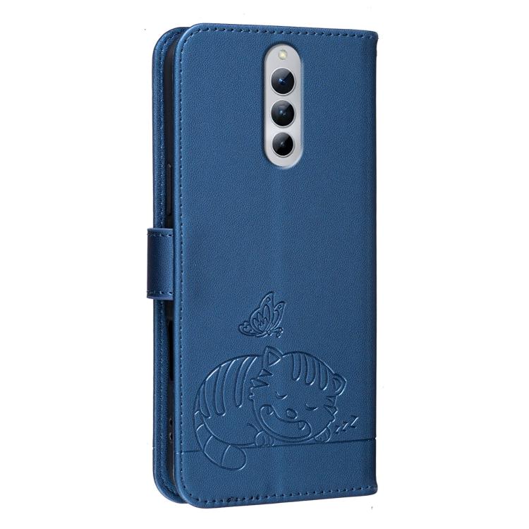 For ZTE Red Magic 8S Pro+ Cat Butterfly Embossed RFID Vegan Leather Phone Case with Strap