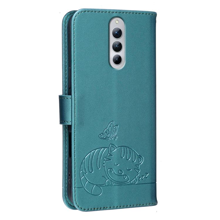 For ZTE Red Magic 8S Pro+ Cat Butterfly Embossed RFID Vegan Leather Phone Case with Strap