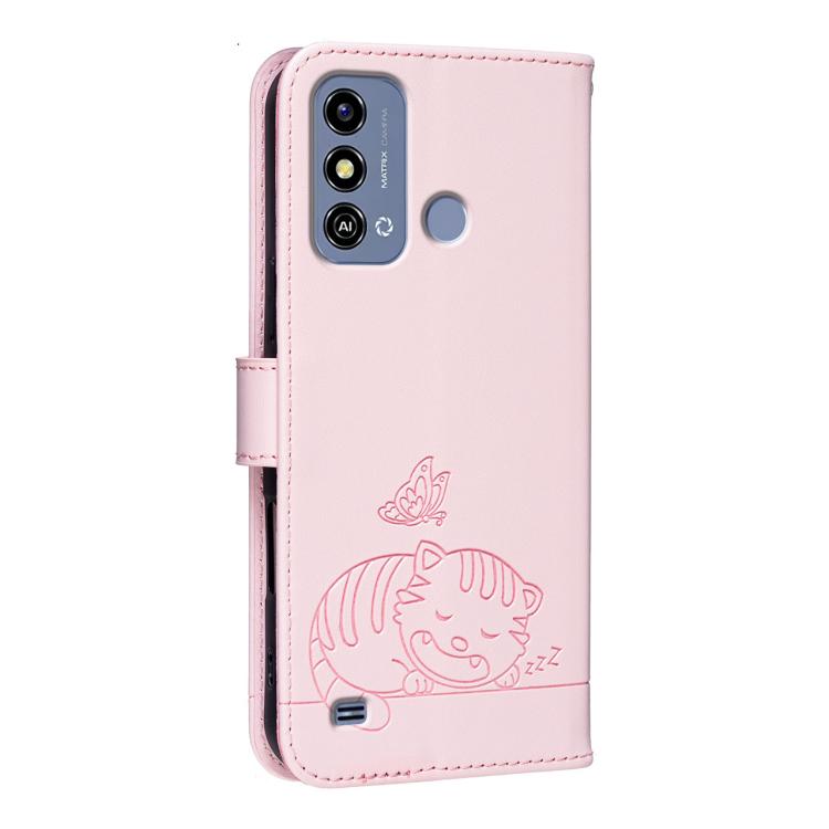 For ZTE Blade A53 Cat Butterfly Embossed RFID Vegan Leather Phone Case with Strap
