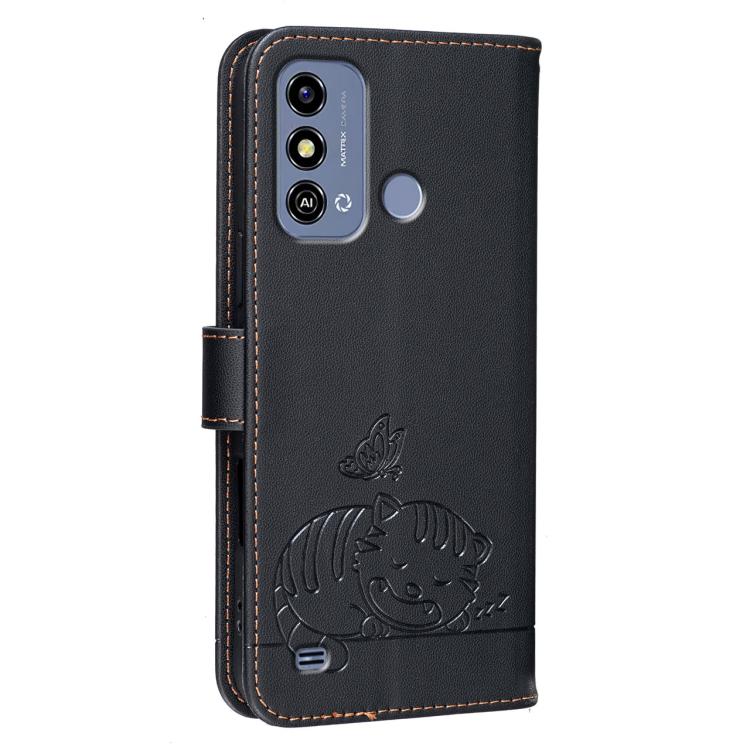 For ZTE Blade A53 Cat Butterfly Embossed RFID Vegan Leather Phone Case with Strap
