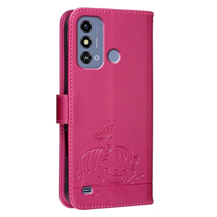 For ZTE Blade A53 Cat Butterfly Embossed RFID Vegan Leather Phone Case with Strap