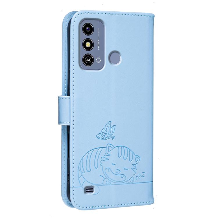 For ZTE Blade A53 Cat Butterfly Embossed RFID Vegan Leather Phone Case with Strap