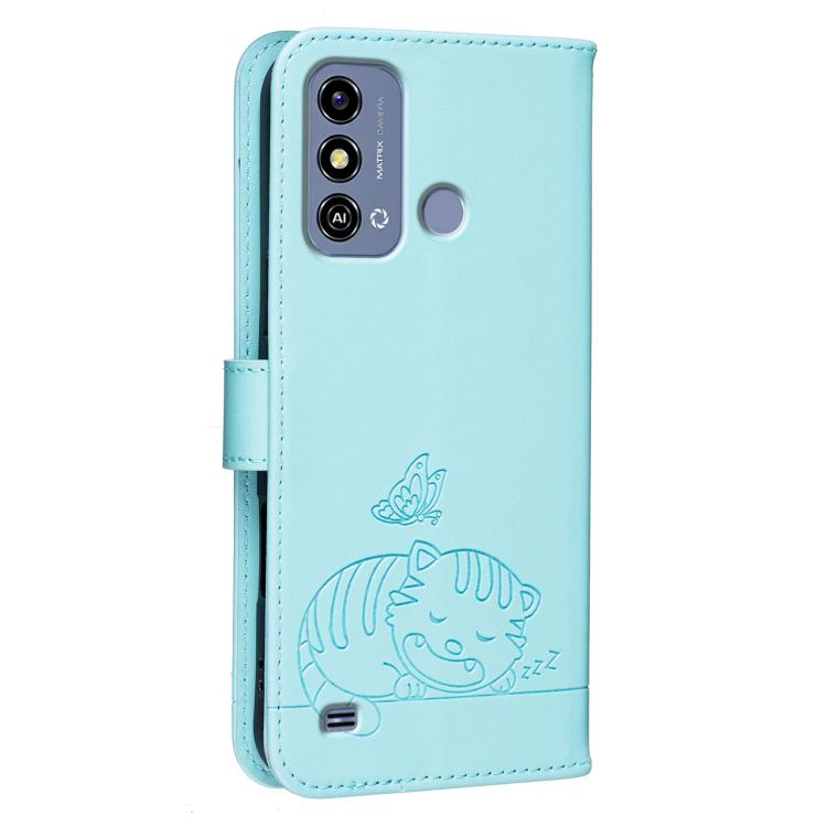 For ZTE Blade A53 Cat Butterfly Embossed RFID Vegan Leather Phone Case with Strap