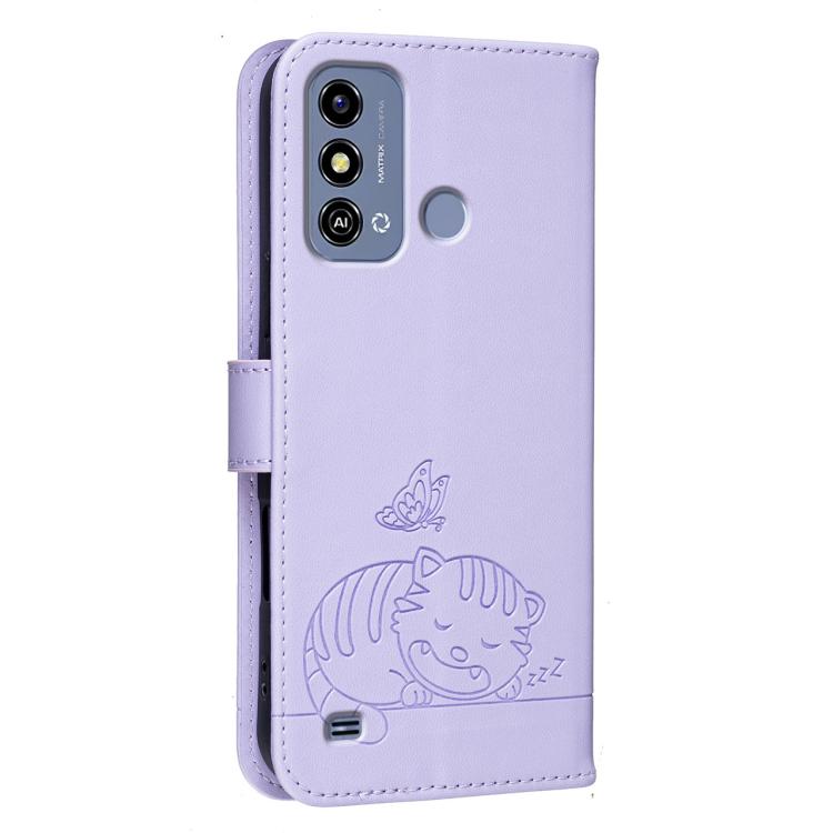 For ZTE Blade A53 Cat Butterfly Embossed RFID Vegan Leather Phone Case with Strap