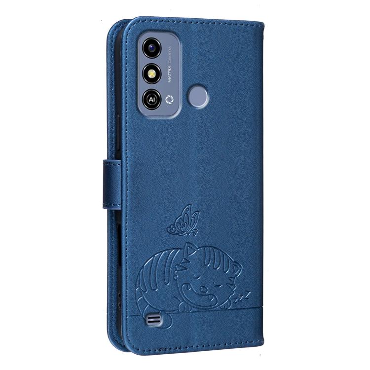 For ZTE Blade A53 Cat Butterfly Embossed RFID Vegan Leather Phone Case with Strap