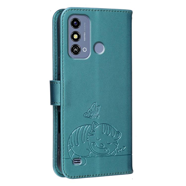 For ZTE Blade A53 Cat Butterfly Embossed RFID Vegan Leather Phone Case with Strap