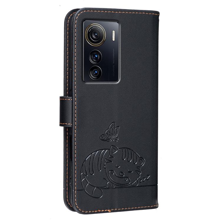 For ZTE Axon 50 Ultra Cat Butterfly Embossed RFID Vegan Leather Phone Case with Strap