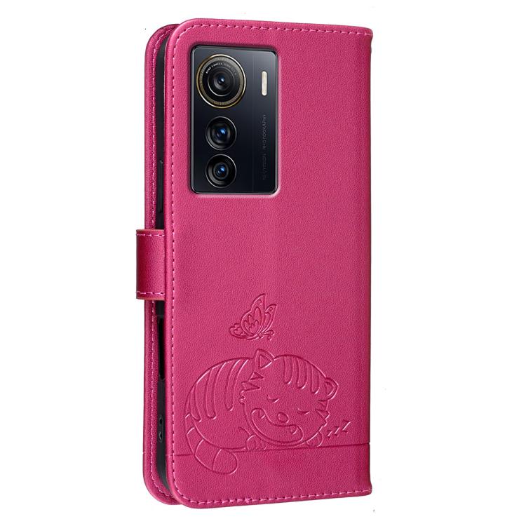 For ZTE Axon 50 Ultra Cat Butterfly Embossed RFID Vegan Leather Phone Case with Strap