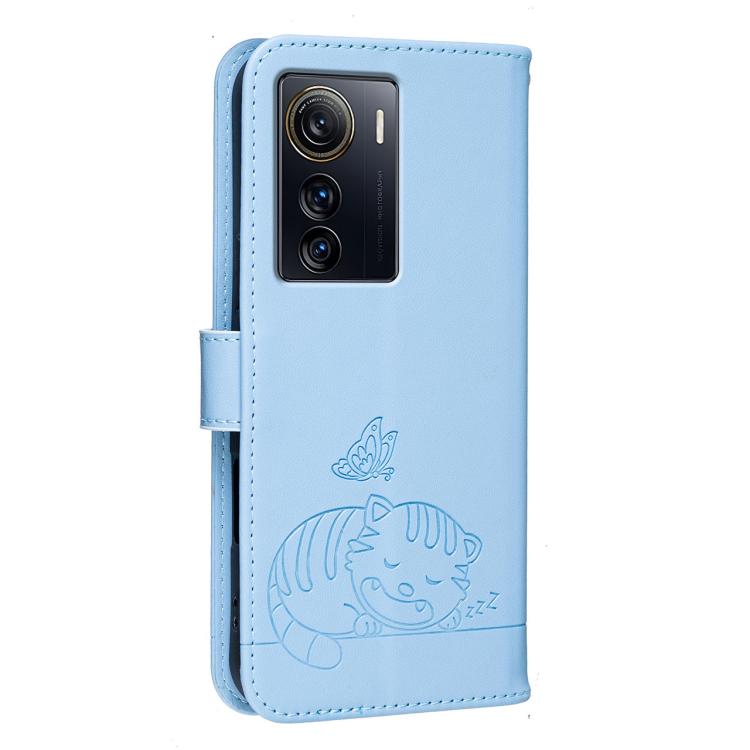 For ZTE Axon 50 Ultra Cat Butterfly Embossed RFID Vegan Leather Phone Case with Strap