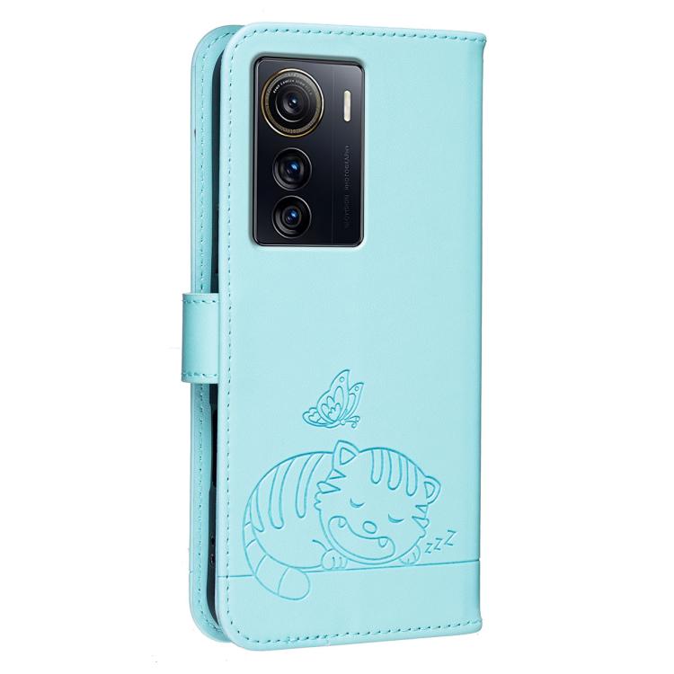 For ZTE Axon 50 Ultra Cat Butterfly Embossed RFID Vegan Leather Phone Case with Strap