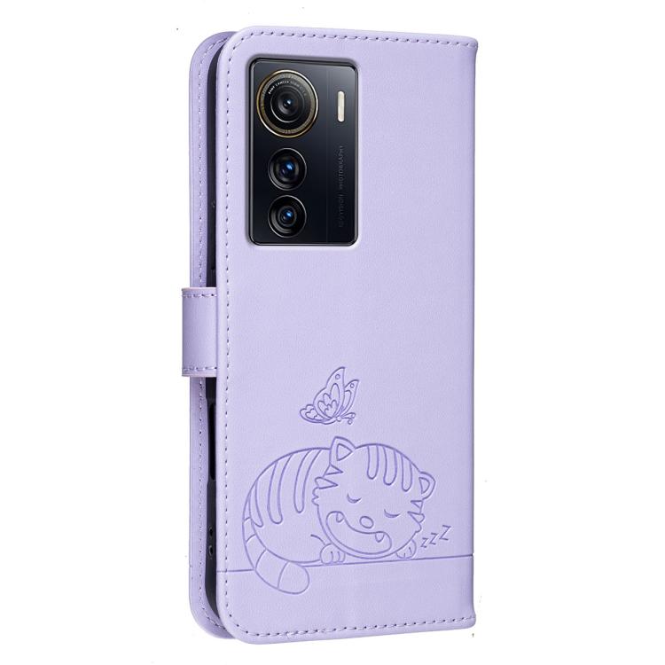 For ZTE Axon 50 Ultra Cat Butterfly Embossed RFID Vegan Leather Phone Case with Strap