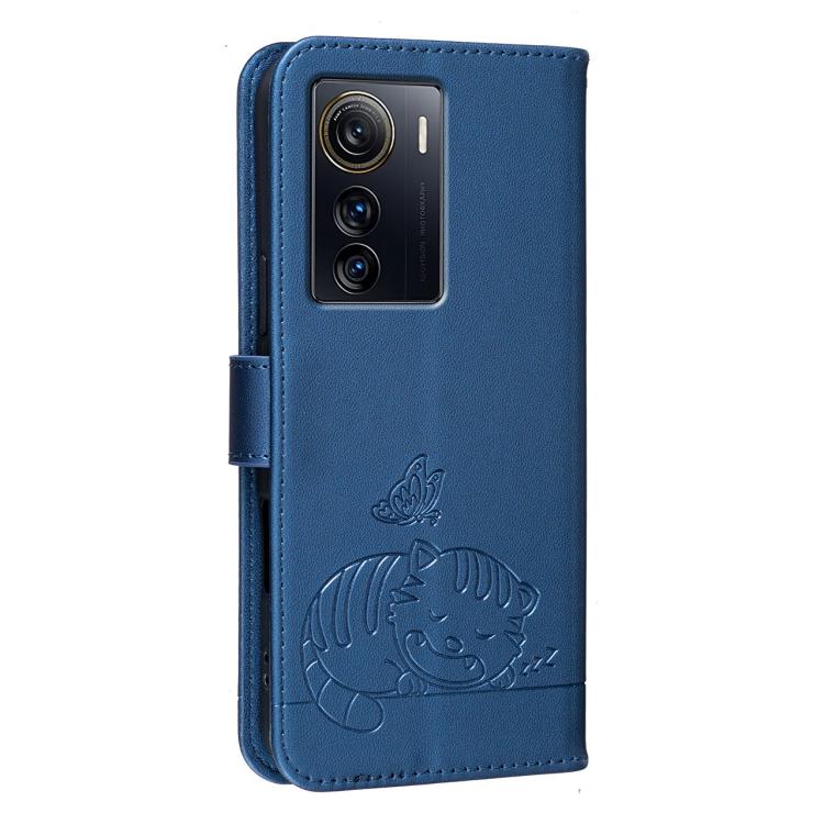 For ZTE Axon 50 Ultra Cat Butterfly Embossed RFID Vegan Leather Phone Case with Strap