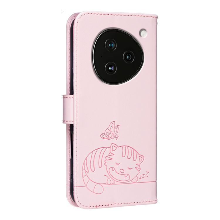 For ZTE NUBIA M153 Cat Butterfly Embossed RFID Vegan Leather Phone Case with Strap