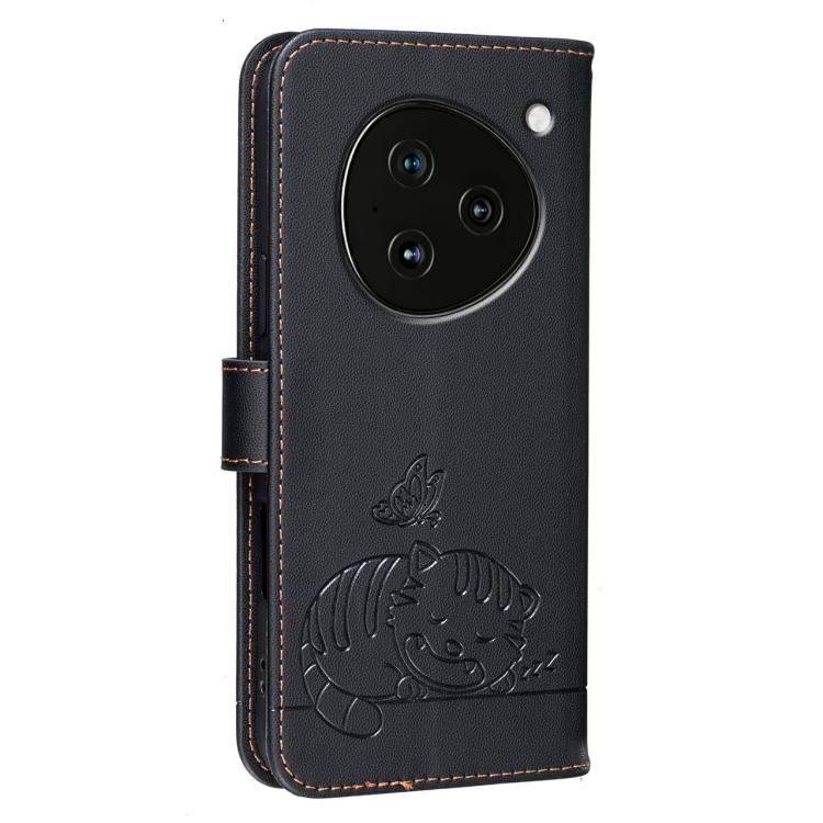 For ZTE NUBIA M153 Cat Butterfly Embossed RFID Vegan Leather Phone Case with Strap