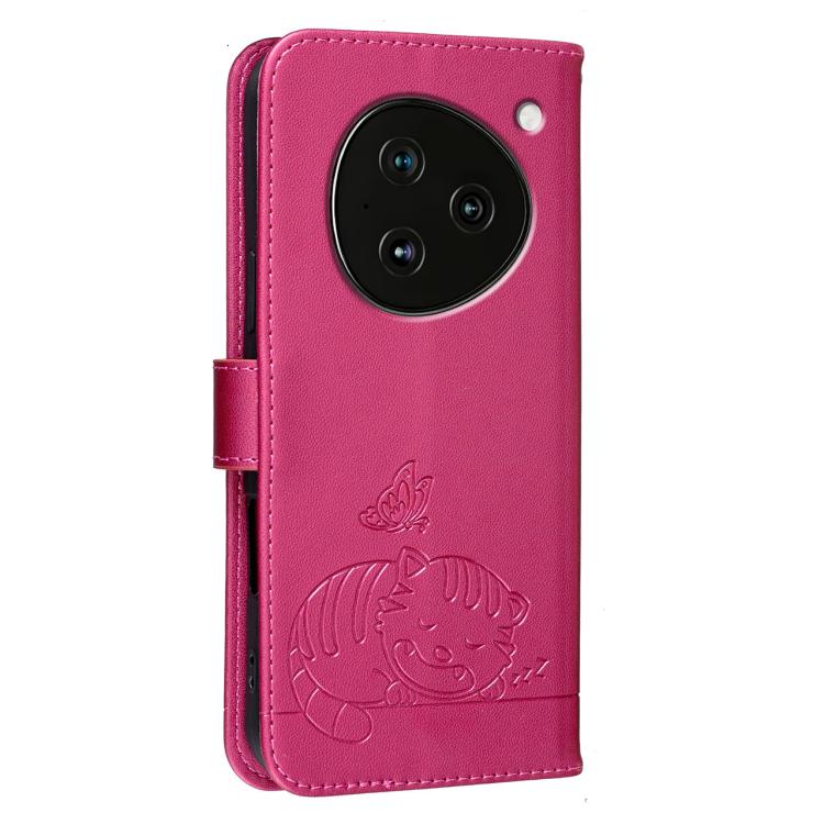 For ZTE NUBIA M153 Cat Butterfly Embossed RFID Vegan Leather Phone Case with Strap