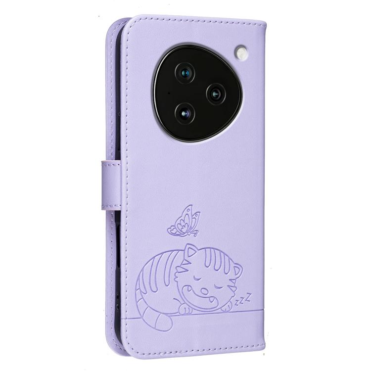 For ZTE NUBIA M153 Cat Butterfly Embossed RFID Vegan Leather Phone Case with Strap
