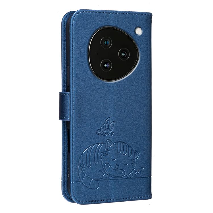 For ZTE NUBIA M153 Cat Butterfly Embossed RFID Vegan Leather Phone Case with Strap