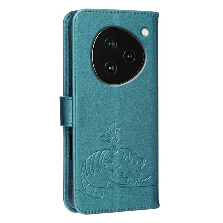 For ZTE NUBIA M153 Cat Butterfly Embossed RFID Vegan Leather Phone Case with Strap